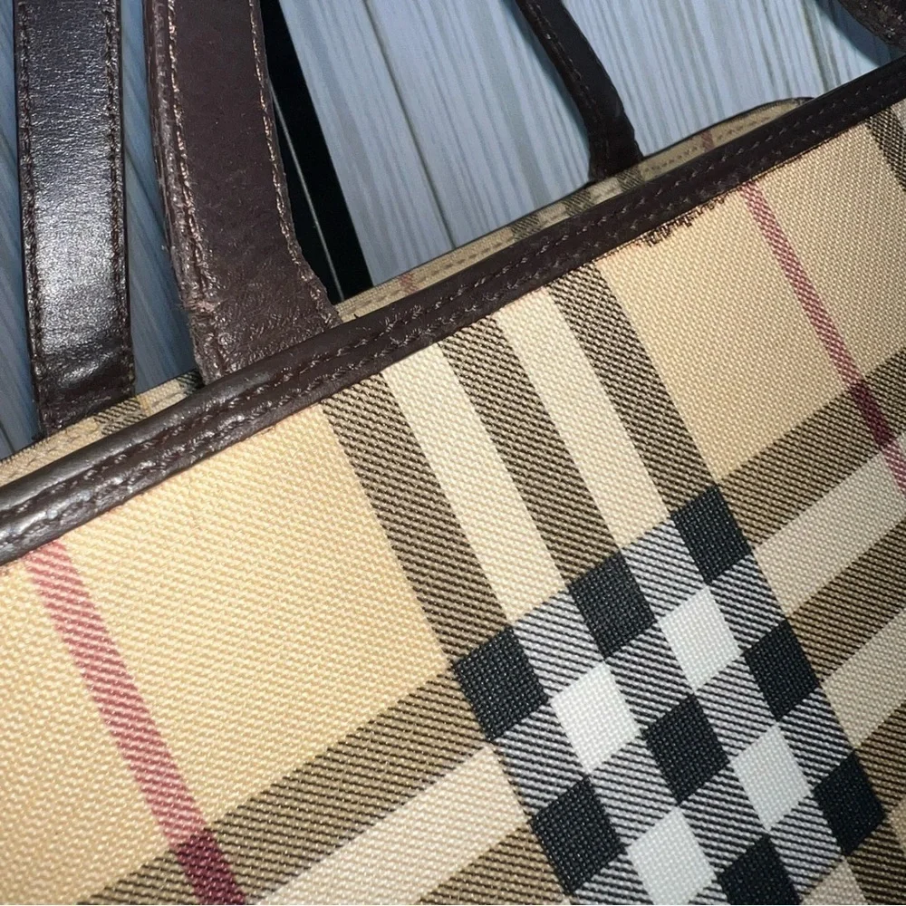 Burberry Vintage Nova Check Tote Bag Brown Leather Trim Plaid Shoulder Handbag